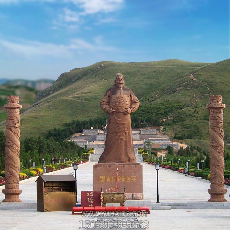 中國景區(qū)歷史名人大型晚霞紅砂石李世民景觀雕塑