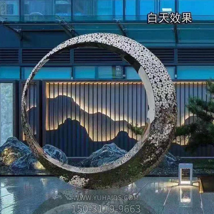 金屬景觀酒店水景 鏡面鏤空發(fā)光圓環(huán) 不銹鋼圓環(huán)雕塑