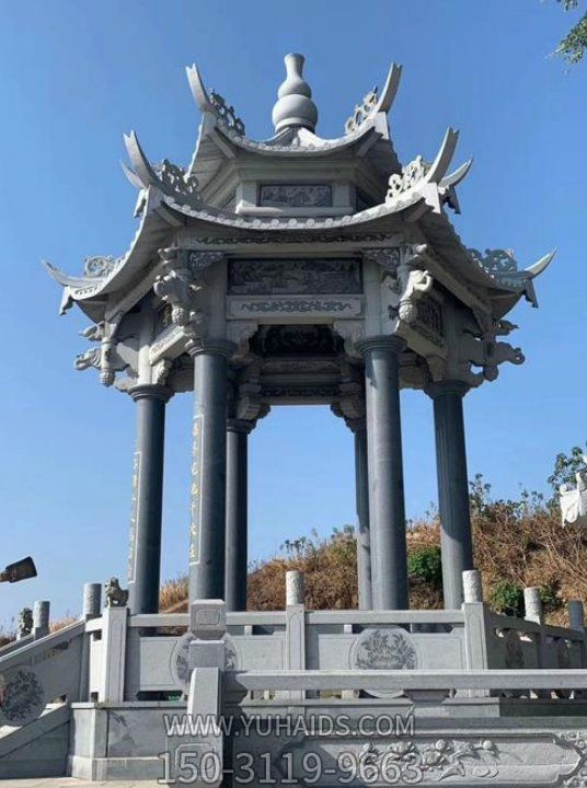 大理石戶外寺廟浮雕二層六角涼亭雕塑擺件