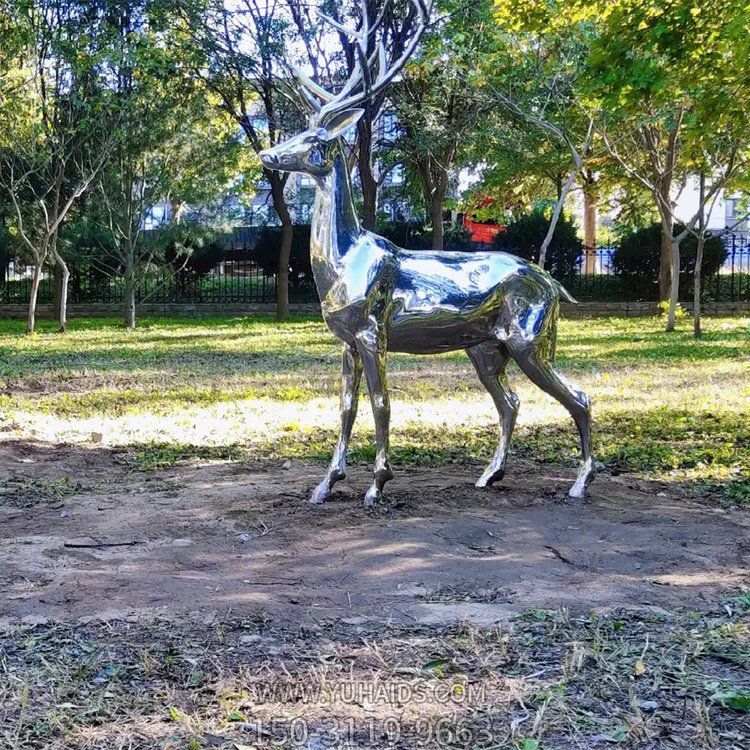 不銹鋼鏡面鹿，園林梅花鹿動物擺件雕塑