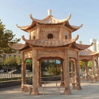  公園 古建休閑石雕亭子晚霞紅戶(hù)外石涼亭 精雕單層六角涼亭雕塑