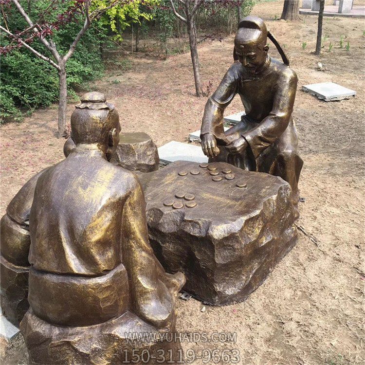 下棋，古代人物玻璃鋼仿銅場景雕塑