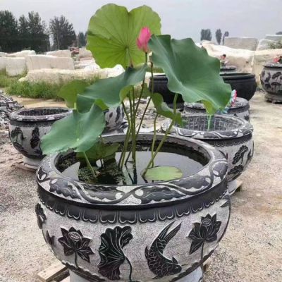 石雕荷花魚(yú)缸花盆圓形青石庭院仿古石槽雕塑